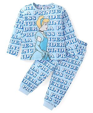 Babyhug Disney Cotton Knit Full Sleeves Night Suit With Disney Princess Cinderella Graphics - Blue