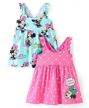 Babyhug Disney Cotton Knit Sleeveless Frocks with Minnie Mouse Graphics & Frill Detailing Pack of 2 - Pink & Blue