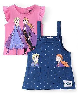 Babyhug Disney Interlock Knit Frock with Frill Sleeves T-Shirt Disney Princess Graphics - Pink & Blue