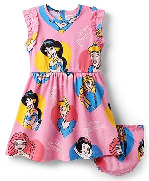 Babyhug Disney Interlock Knit Sleeveless Frock & Bloomer with Disney Princess  Print - Pink