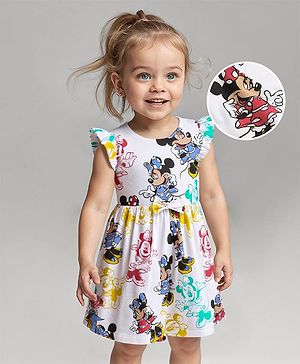 Babyhug Disney Cotton Knit Frill Sleeves Minnie Mouse Printed Frock with Bloomer - White