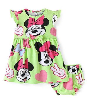 Babyhug Disney Cotton Interlock Sleeveless Frock With Bloomer Minnie Mouse Print - Green