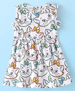 Babyhug Disney Cotton Interlock Frill Sleeves Frock with Aristocat Marie  Print - White