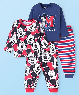 Babyhug Disney Single Jersey Knit Full Sleeves Night Suits with Mickey Mouse Print Pack of 2 - Blue & Red