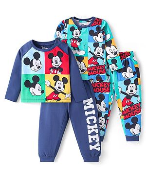 Babyhug Disney Single Jersey Knit Full Sleeves Night Suits with Mickey Mouse Graphics Pack of 2 - Navy Blue