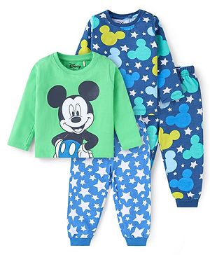 Babyhug Disney Single Jersey Knit Full Sleeves Night Suits With Mickey Mouse Graphics Pack of 2 - Blue & Green