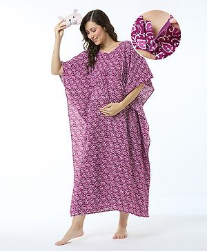 Bella Mama Cotton Knit Half Sleeves Concealed Zipper Floral Print Kaftan Nighty - Purple