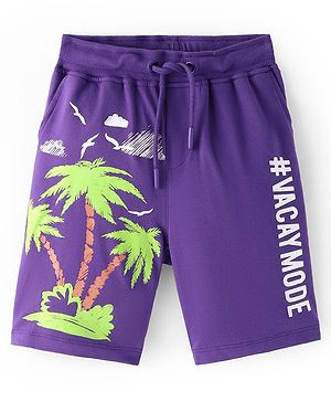 Pine Kids Looper Knit Above Knee Length Shorts with Tree & Text Print - Purple Corallites