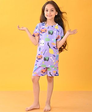 Anthrilo 100% Organic Cotton Half Sleeves Halloween Theme Printed Coordinating Tee & Shorts Set - Purple