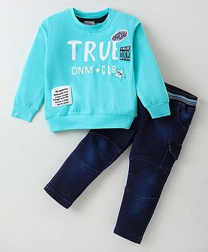 Dapper Dudes Full Sleeves True Text Printed Tee With Pant - Sea Green