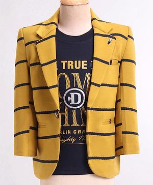 Dapper Dudes Full Sleeves Striped  Blazer With Text Printed Tee - Mustard