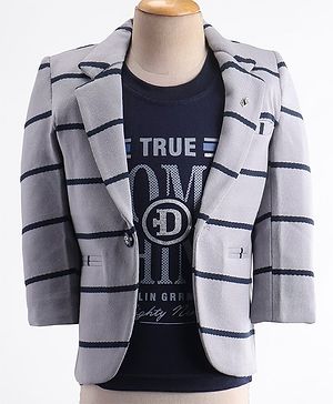 Dapper Dudes Full Sleeves Striped  Blazer With Text Printed Tee - Grey