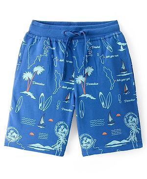Pine Kids Cotton Looper Above Knee Length Shorts Beach Print - Blue