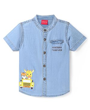 Babyhug Cotton Woven Half Sleeves Denim Shirt With Mandarin Collar Animal Print - Blue