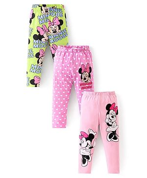 Babyhug Disney Single Jersey Knit Full Length Leggings with Minnie Mouse Graphics Pack of 3 - Pink & Green