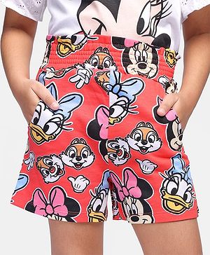 Babyhug Disney 100% Cotton Knit Above Knee Length Shorts with Minnie Mouse Print & Smocking Detailing - Red