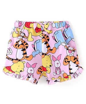 Babyhug Disney Knit Above Knee Length Shorts with Winnie the Pooh Graphics and Frills Detailing- Pink