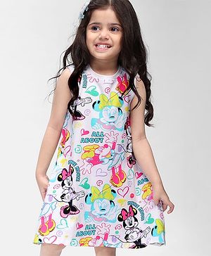 Babyhug Disney Single Jersey Sleeveless Frock With Minnie Mouse Print - White