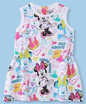 Babyhug Disney Single Jersey Sleeveless Frock With Minnie Mouse Print - White