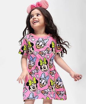 Babyhug Disney Single Jersey Half Sleeves  Frock With Gathers Detailing & Minnie Mouse Print - Pink