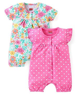 Babyhug 100% Cotton Knit Half Sleeves Floral & Polka Dots Printed Rompers Pack of 2 - Multicolour
