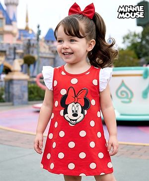 Babyhug Disney Single Jersey Knit Half Sleeves Top With Frocks Minnie Mouse Graphics and Frill Detailing- Red & White
