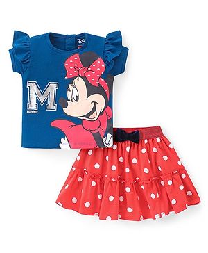 Babyhug Disney Cotton Knit Half Sleeves Top & Mid Length Skirt Set With Frill Detail & Minnie Mouse Graphics - Navy & Red