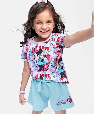 Babyhug Disney Cotton Knit Half Sleeves T-Shirt & Shorts Set With Minnie Mouse Graphics - Multicolor
