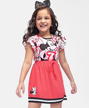 Babyhug Disney Cotton Knit Frill Sleeves Top & Shorts Set With Minnie Mouse Graphics - Red