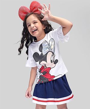 Babyhug Disney Cotton Knit Bell Sleeves Top & Mid Length Skirt Set With Minnie Mouse Graphics - White Black & Blue