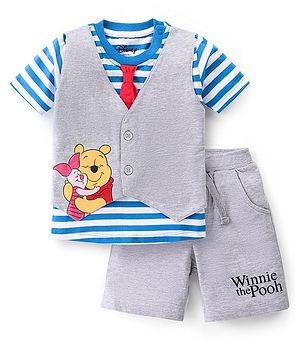 Babyhug Disney Cotton Knit Half Sleeves T-Shirt With Attached Waist Coat & Shorts Set With Winnie The Pooh Graphics - Grey