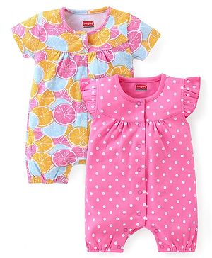Babyhug 100% Cotton Knit Half Sleeves Rompers with Polka Dots & Fruit Print  Pack of 2 - Multicolour