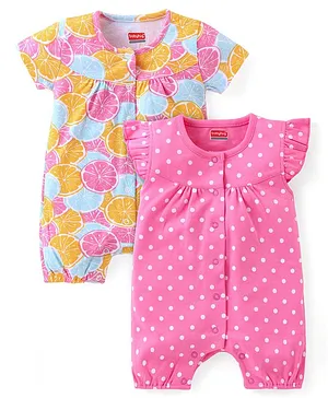 Babyhug 100% Cotton Knit Half Sleeves
                              Rompers with Polka Dots & Fruit Print
                              Pack of 2 - Multicolour