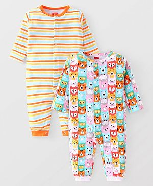 Babyhug 100% Cotton Knit Full Sleeves Striped & Animal Printed Rompers Pack of 2 - Multicolour