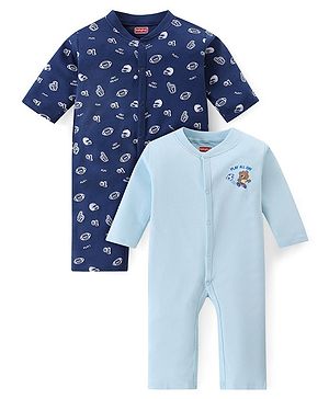 Babyhug 100% Cotton Knit Full Sleeves Rugby Printed Rompers Pack of 2 - Multicolour