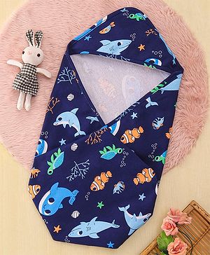 Babyhug Interlock Hooded Wrappers With Dolphin Print L 76.2 x B 76.2 cm - Blue