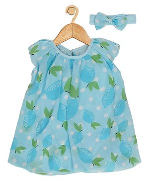 Creative Kids Cap Sleeves Fruits Printed Flared Dress With Coordinating Headband - Turquoise Blue & Green