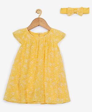 Creative Kids Cap Sleeves Floral  Printed Flared Dress With Coordinating Headband - Yellow & White