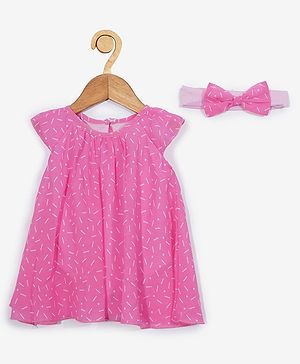 Creative Kids Cap Sleeves Abstract  Printed Flared Dress With Coordinating Headband - Pink & White