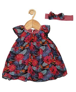 Creative Kids Cap Sleeves Floral Printed Flared Dress With Coordinating Headband - Navy Blue & Red