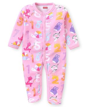 Babyhug Interlock Knit Full Sleeves Sleepsuit with Number Print - Pink