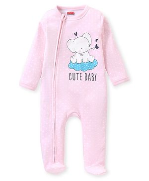 Babyhug Interlock Knit Full Sleeves Sleepsuit with Elephant Print - Pink