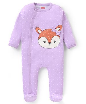 Babyhug Interlock Full Sleeves Polka Dotted Sleepsuit with Deer Print & Bow - Purple
