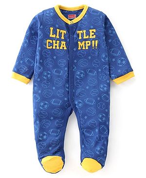 Babyhug Cotton Knit Full Sleeves Footed Sleep Suit with Sports Theme Print - Blue