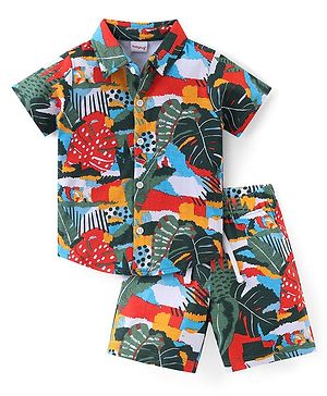 Babyhug Cotton Knit Half Sleeves Shirt & Shorts Set With Tropical Print - Multicolor