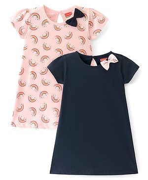 Babyhug Single Jersey Knit Half Sleeves Frock With Rainbow Print & Bow Applique Pack of 2- Pink & Navy Blue