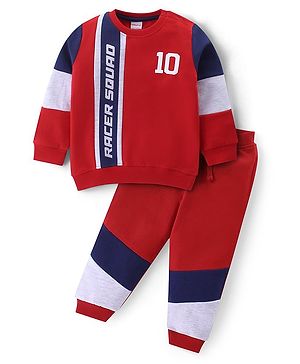 Babyhug Cotton Knit Full Sleeves T-Shirt & Lounge Pants Set With Racer Squad Print - Red