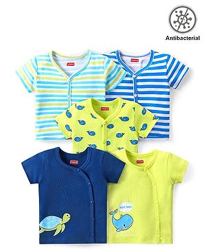 Babyhug 100% Cotton Interlock Anti Bacterial Half Sleeves Vests Dolphin & Striped Print Pack of 5 - Multicolor