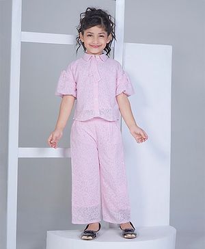 Peppermint Half Sleeves Abstract Printed Top With Coordinating Pant - Pink