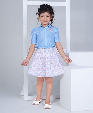 Peppermint Half Sleeves Polka Dots & Floral Printed Shirt With Skirt - Blue